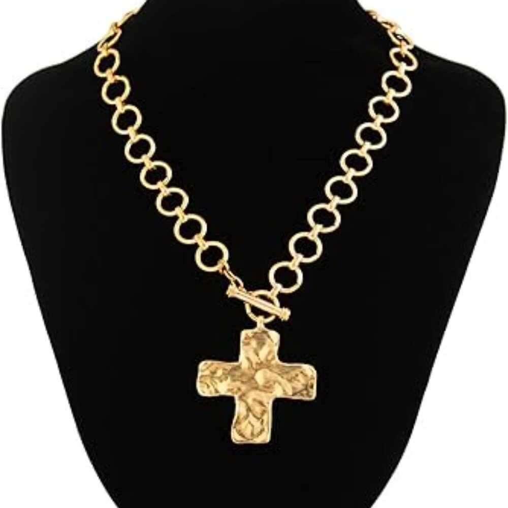 Hammered‎ Gold Chunky Cross Statement Cross Pendant Necklace Layered Bold Classy